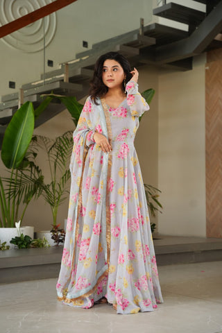 Gray Elegant Faux Georgette Digital Print Gown Set with Dupatta Clothsvilla
