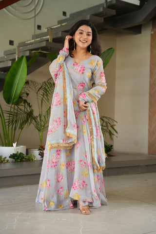 Gray Elegant Faux Georgette Digital Print Gown Set with Dupatta Clothsvilla