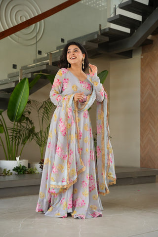 Gray Elegant Faux Georgette Digital Print Gown Set with Dupatta Clothsvilla