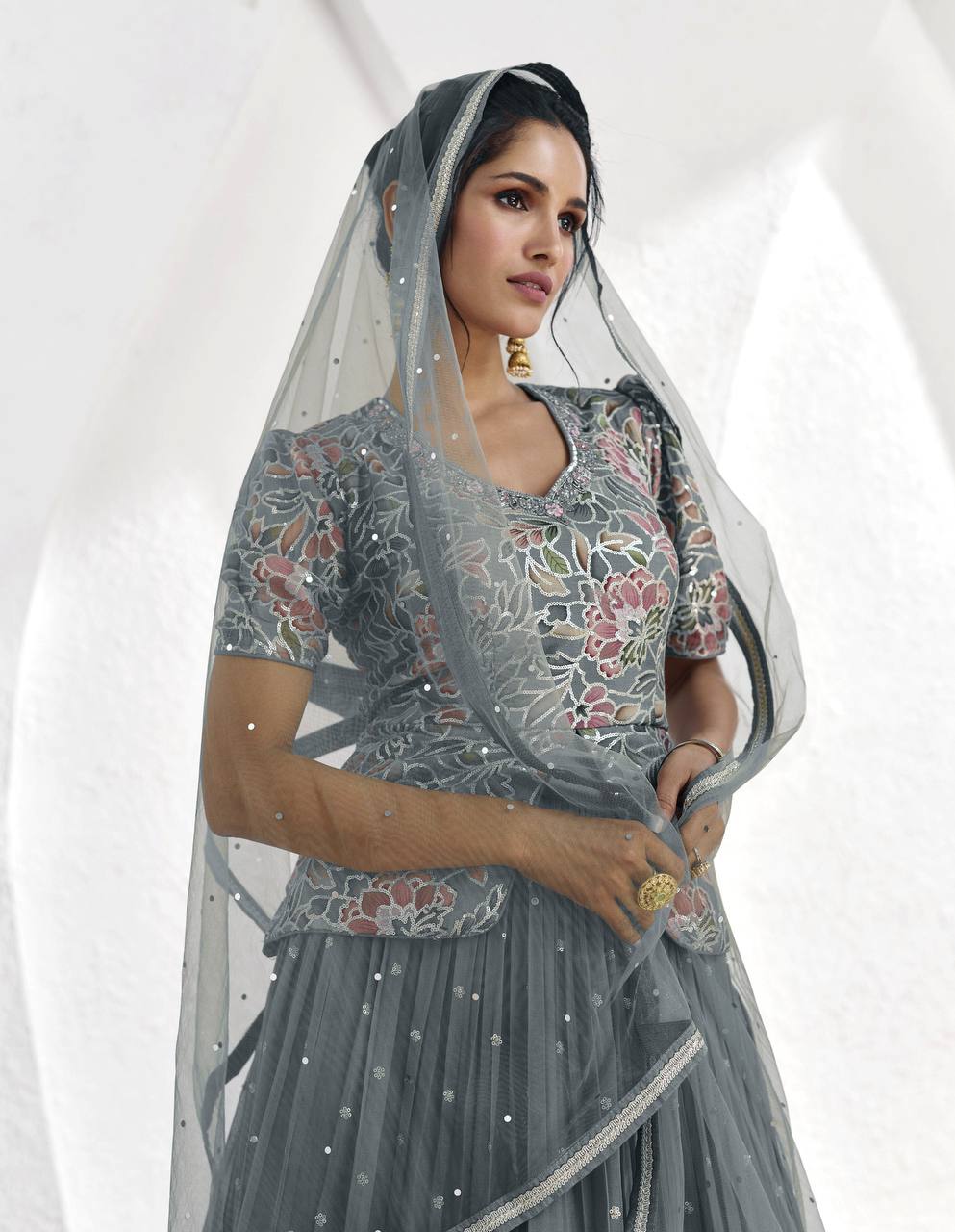 Gray Elegant Faux Georgette Embroidered Lehenga Set with Dupatta Clothsvilla