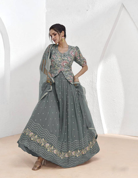 Gray Elegant Faux Georgette Embroidered Lehenga Set with Dupatta Clothsvilla Main image