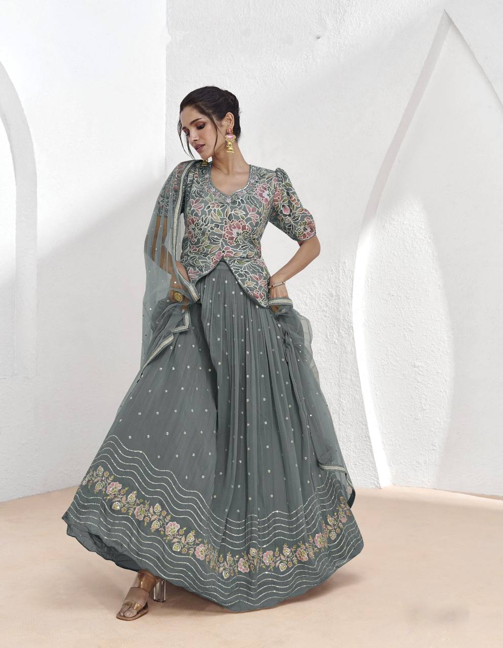 Gray Elegant Faux Georgette Embroidered Lehenga Set with Dupatta Clothsvilla Main image