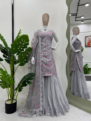 Gray Elegant Faux Georgette Sharara Set ClothsVilla