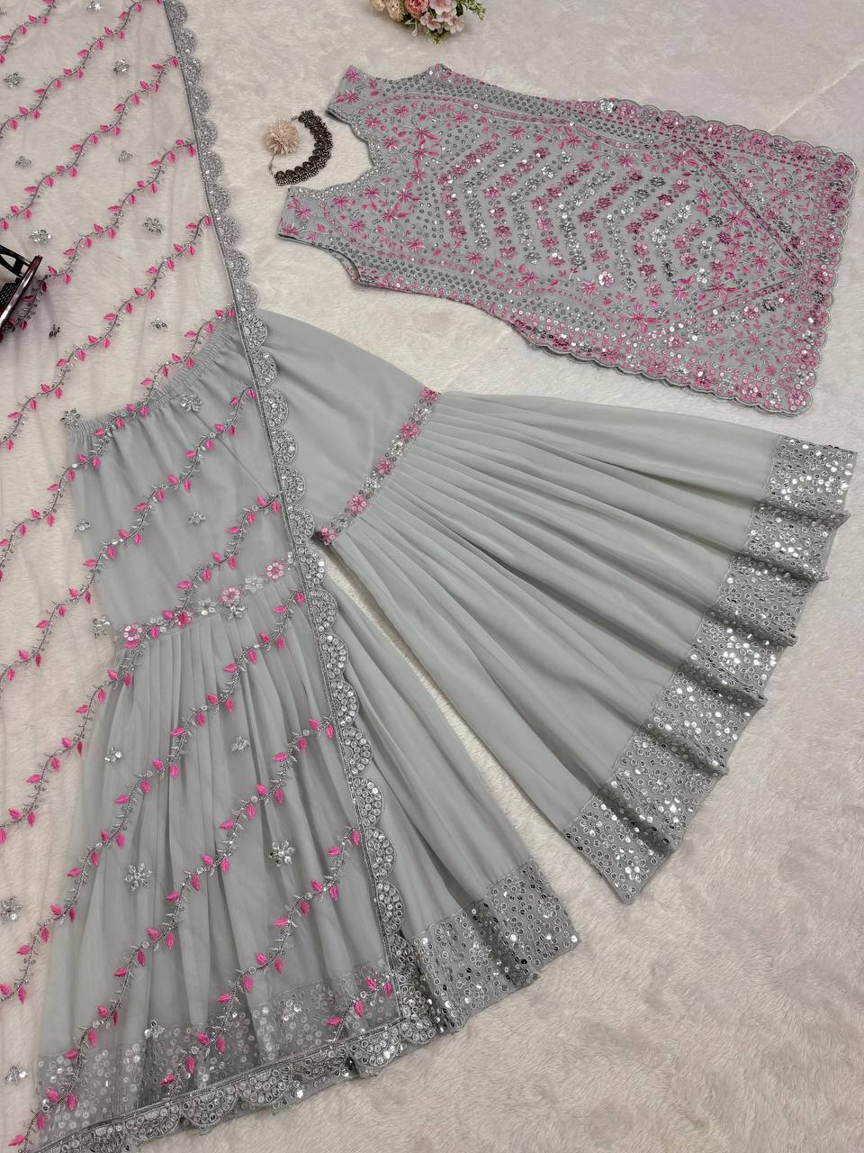 Gray Elegant Faux Georgette Sharara Set ClothsVilla