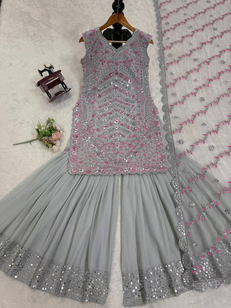Gray Elegant Faux Georgette Sharara Set ClothsVilla
