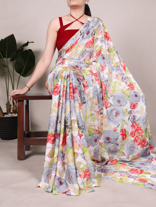 Gray Elegant Floral Printed Dull Satin Saree with Moonga Silk Blouse ClothsVilla