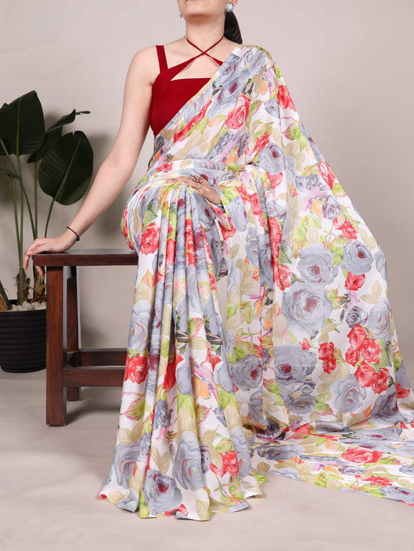 Gray Elegant Floral Printed Dull Satin Saree with Moonga Silk Blouse ClothsVilla