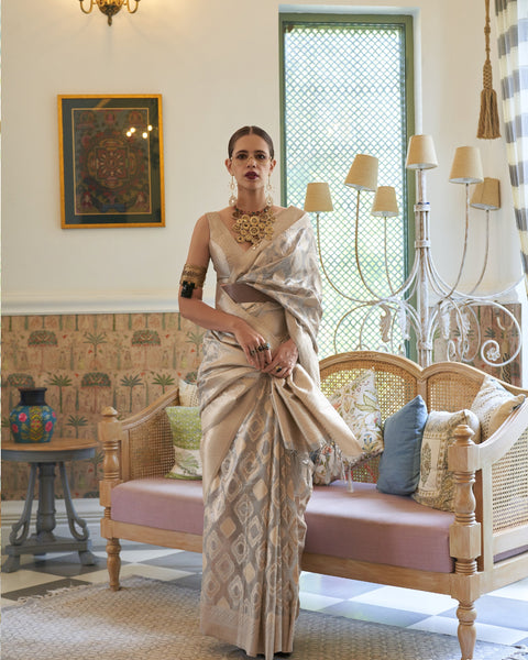 Gray Elegant Handloom Organza Woven Bollywood Saree with Unstitched Blouse Piece ClothsVilla Main image
