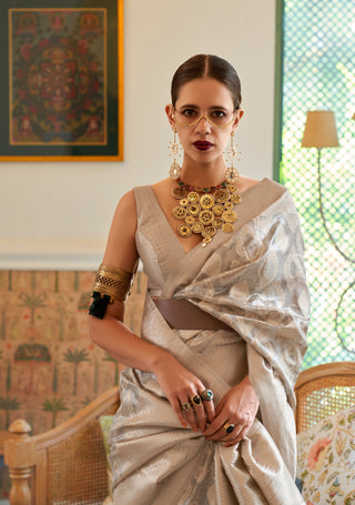 Gray Elegant Handloom Organza Woven Bollywood Saree with Unstitched Blouse Piece ClothsVilla