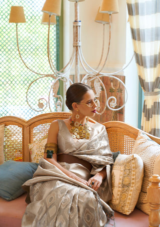 Gray Elegant Handloom Organza Woven Bollywood Saree with Unstitched Blouse Piece ClothsVilla