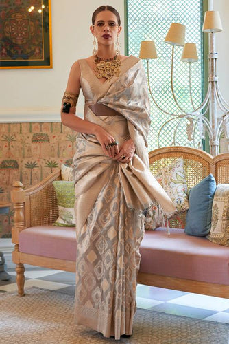 Gray Elegant Handloom Organza Woven Bollywood Saree with Unstitched Blouse Piece ClothsVilla