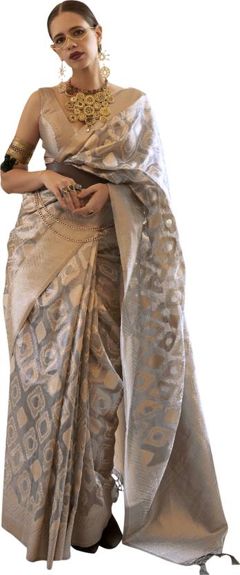 Gray Elegant Handloom Organza Woven Bollywood Saree with Unstitched Blouse Piece ClothsVilla