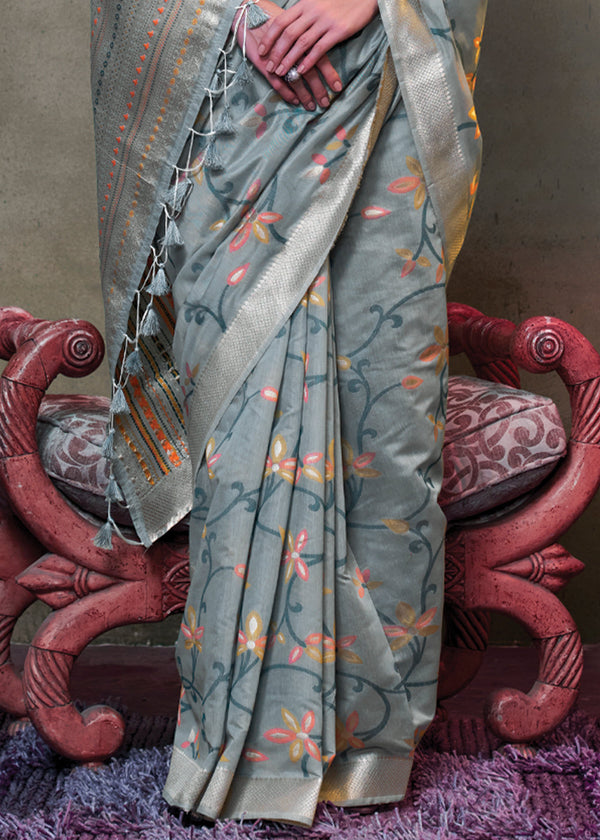 Gray Elegant Jamdani Modal Cotton Silk Saree – Timeless Weave with Intricate Motifs ClothsVilla