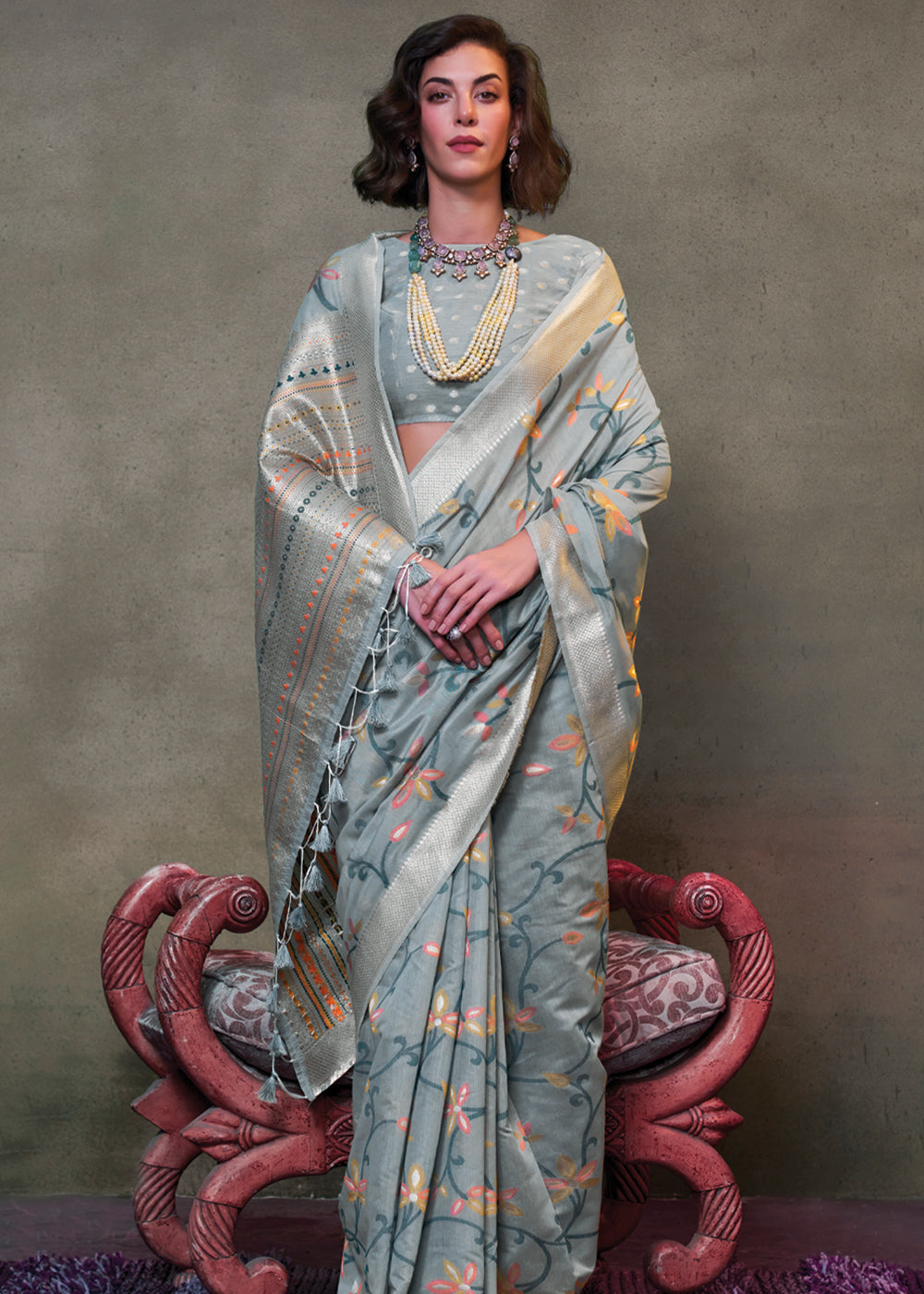 Gray Elegant Jamdani Modal Cotton Silk Saree – Timeless Weave with Intricate Motifs Secondary image