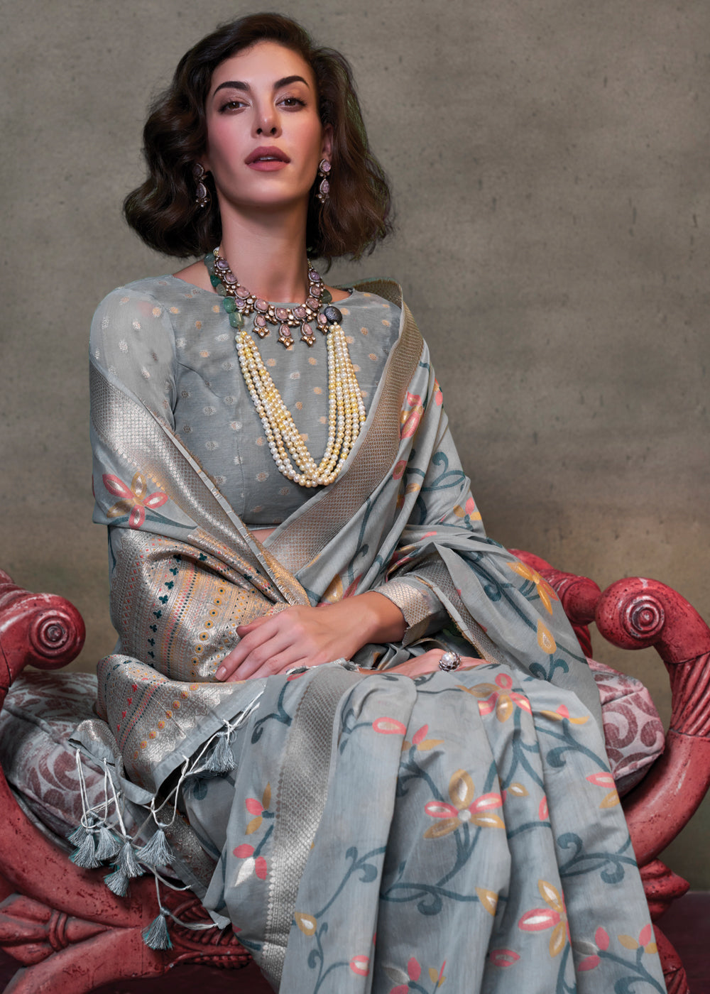 Gray Elegant Jamdani Modal Cotton Silk Saree – Timeless Weave with Intricate Motifs ClothsVilla