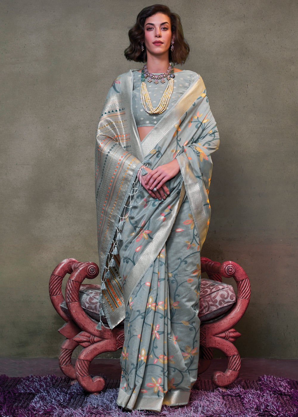 Gray Elegant Jamdani Modal Cotton Silk Saree – Timeless Weave with Intricate Motifs ClothsVilla Main image