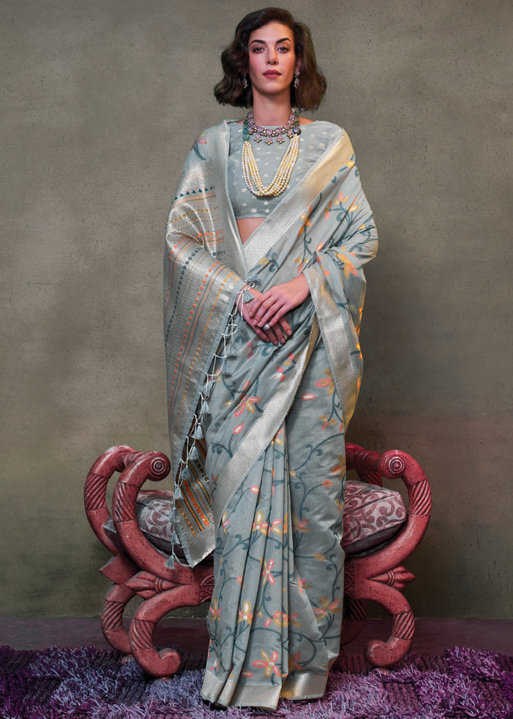 Gray Elegant Jamdani Modal Cotton Silk Saree – Timeless Weave with Intricate Motifs ClothsVilla