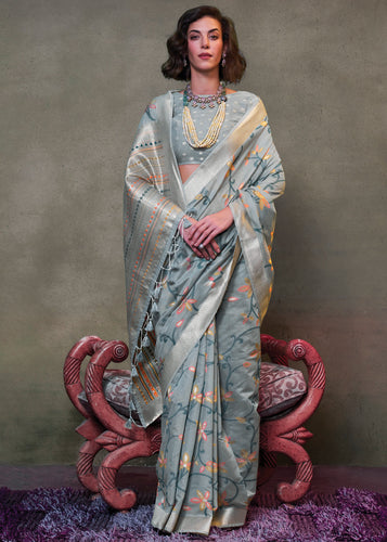 Gray Elegant Jamdani Modal Cotton Silk Saree – Timeless Weave with Intricate Motifs ClothsVilla