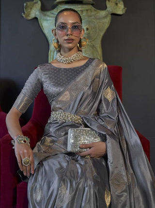 Gray Elegant Kanjivaram Silk Blend Saree with Unstitched Blouse Piece ClothsVilla