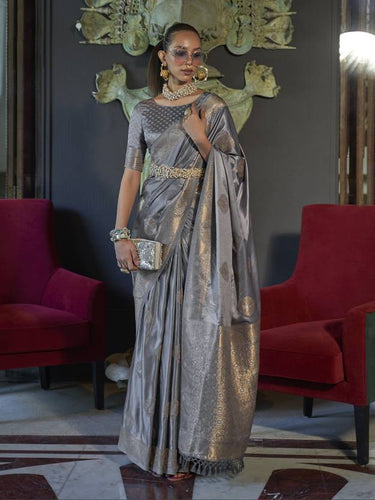 Gray Elegant Kanjivaram Silk Blend Saree with Unstitched Blouse Piece ClothsVilla