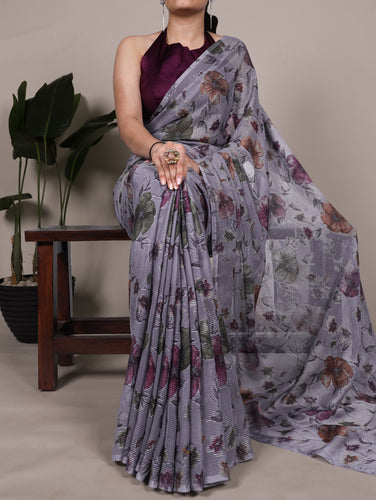 Gray Elegant Lurex Brasso Saree with Floral Viscose Brasso Work & Silk Blouse Piece ClothsVilla