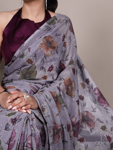 Gray Elegant Lurex Brasso Saree with Floral Viscose Brasso Work & Silk Blouse Piece ClothsVilla
