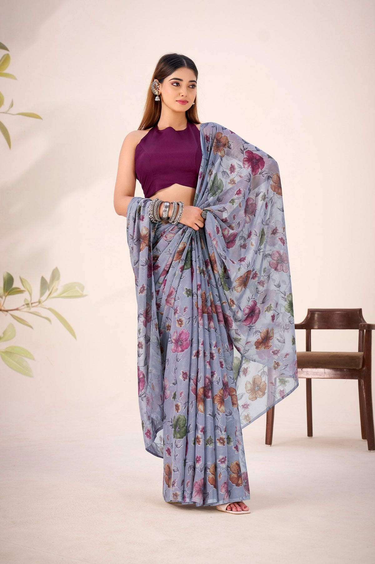 Gray Elegant Lurex Brasso Saree with Floral Viscose Brasso Work & Silk Blouse Piece ClothsVilla