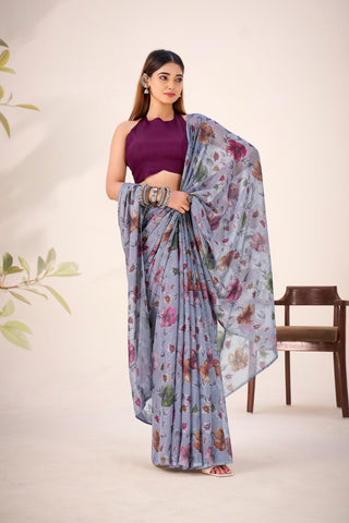 Gray Elegant Lurex Brasso Saree with Floral Viscose Brasso Work & Silk Blouse Piece ClothsVilla