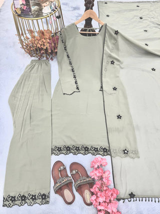Gray Elegant Mirror Work Faux Georgette Set Embroidered Top, Farshi Plazzo & Dupatta ClothsVilla