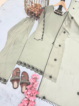 Gray Elegant Mirror Work Faux Georgette Set Embroidered Top, Farshi Plazzo & Dupatta ClothsVilla