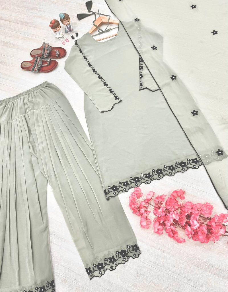 Gray Elegant Mirror Work Faux Georgette Set Embroidered Top, Farshi Plazzo & Dupatta ClothsVilla