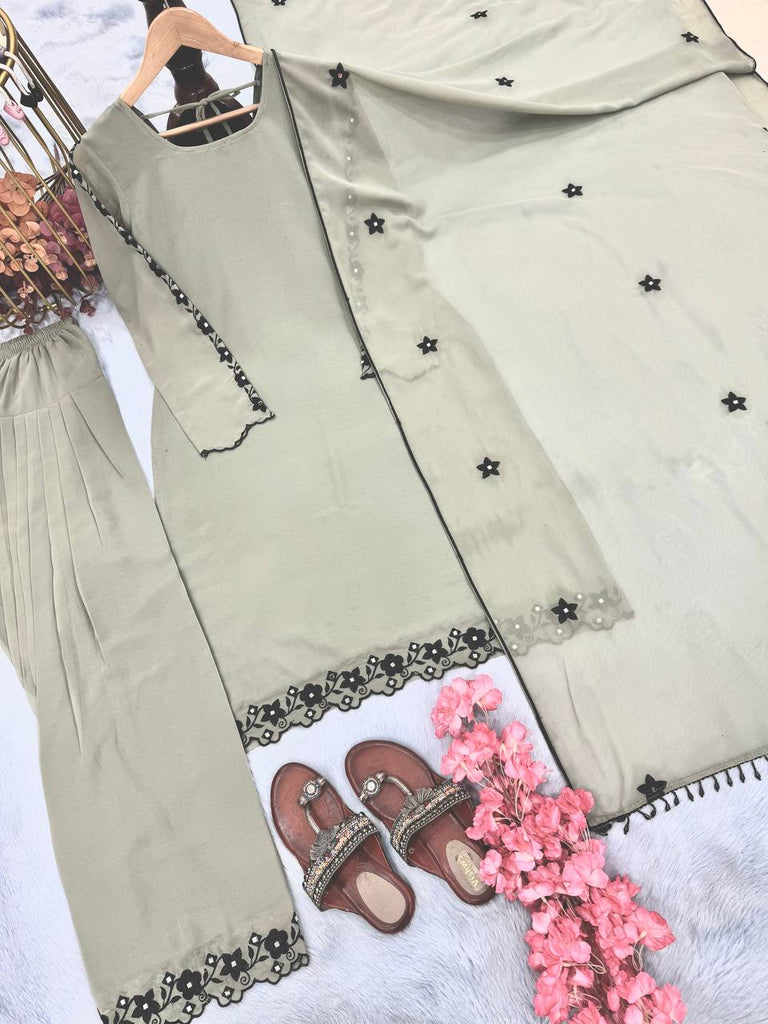 Gray Elegant Mirror Work Faux Georgette Set Embroidered Top, Farshi Plazzo & Dupatta ClothsVilla