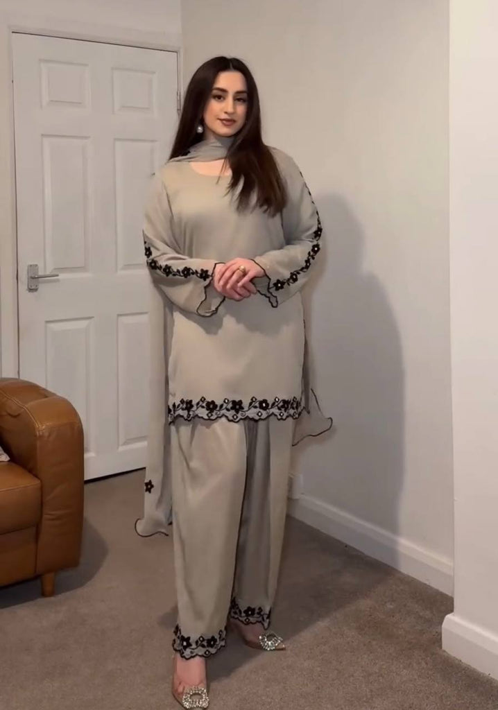 Gray Elegant Mirror Work Faux Georgette Set Embroidered Top, Farshi Plazzo & Dupatta ClothsVilla