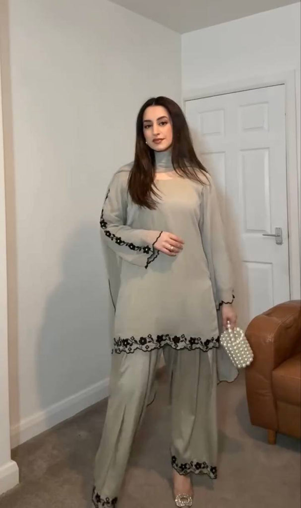 Gray Elegant Mirror Work Faux Georgette Set Embroidered Top, Farshi Plazzo & Dupatta ClothsVilla