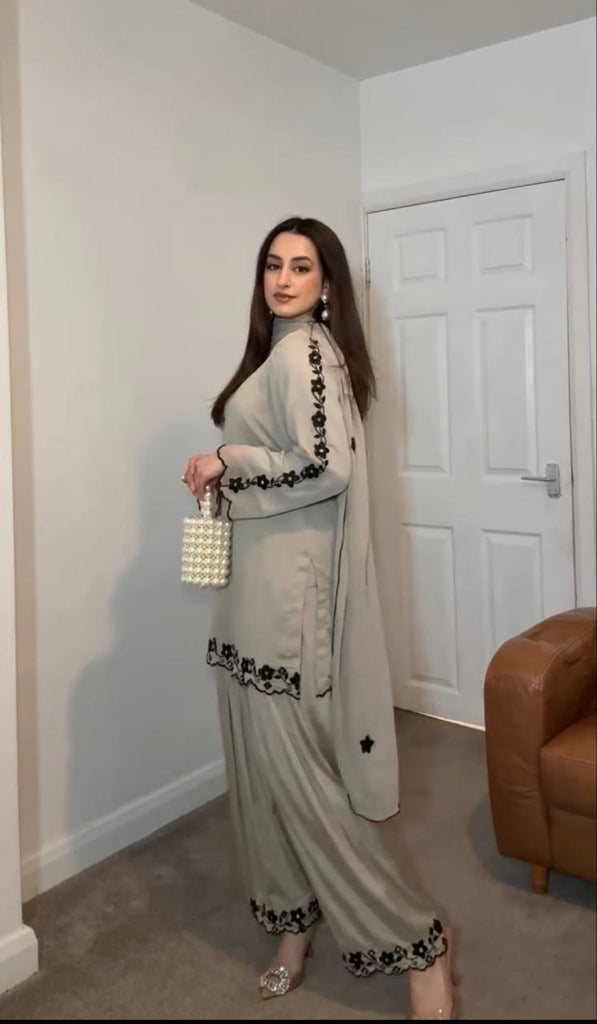 Gray Elegant Mirror Work Faux Georgette Set Embroidered Top, Farshi Plazzo & Dupatta ClothsVilla