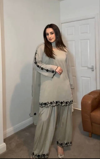 Gray Elegant Mirror Work Faux Georgette Set Embroidered Top, Farshi Plazzo & Dupatta ClothsVilla