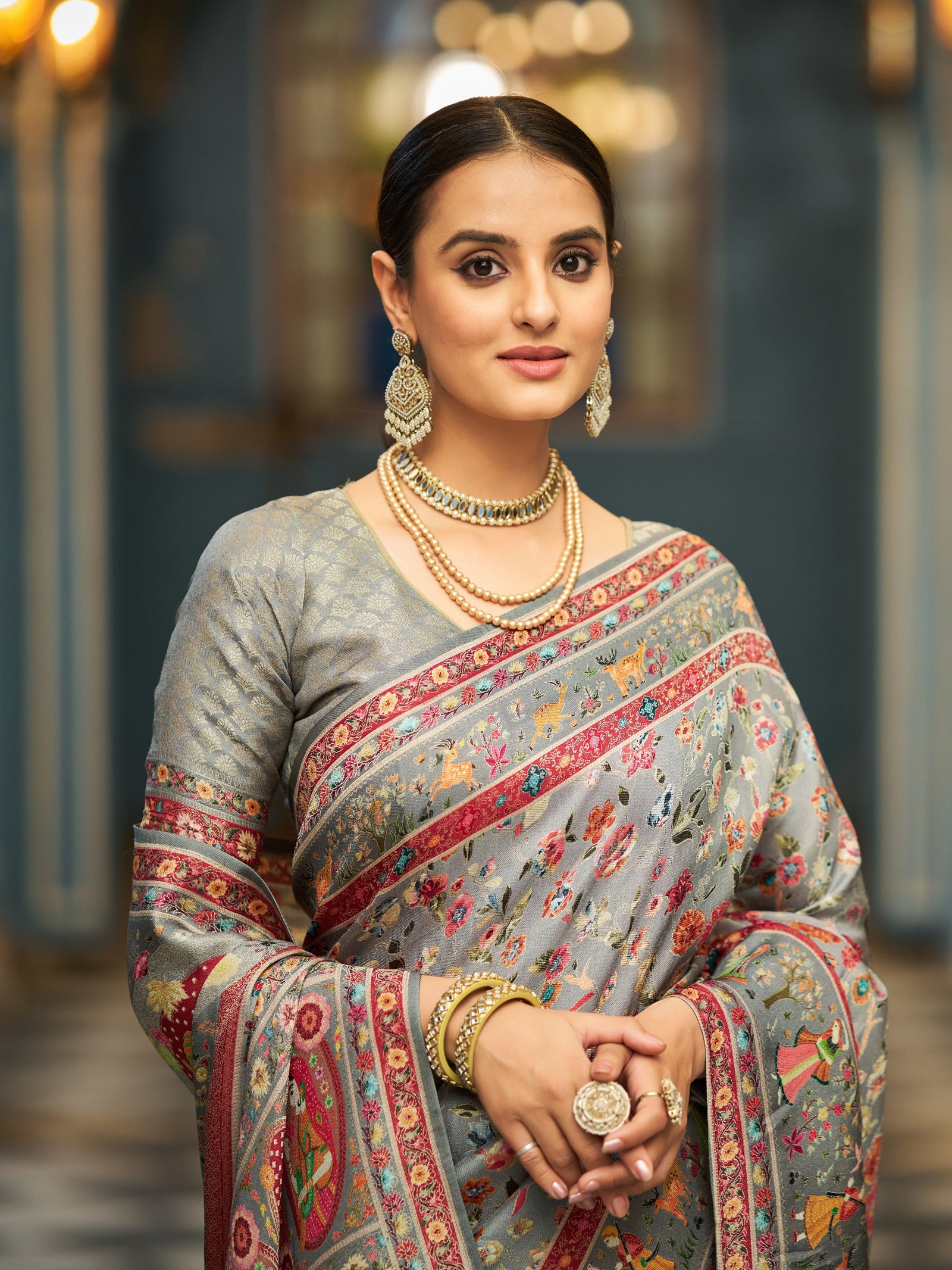 Gray Elegant Pashmina Kashmiri Jacquard Saree with Kalamkari & Meenakari Weaving ClothsVilla