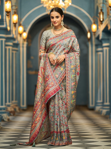 Gray Elegant Pashmina Kashmiri Jacquard Saree with Kalamkari & Meenakari Weaving ClothsVilla