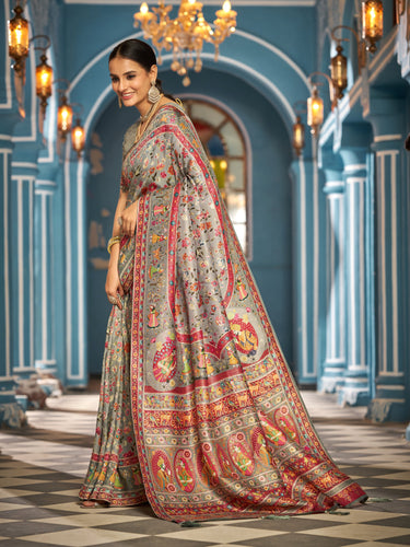 Gray Elegant Pashmina Kashmiri Jacquard Saree with Kalamkari & Meenakari Weaving ClothsVilla