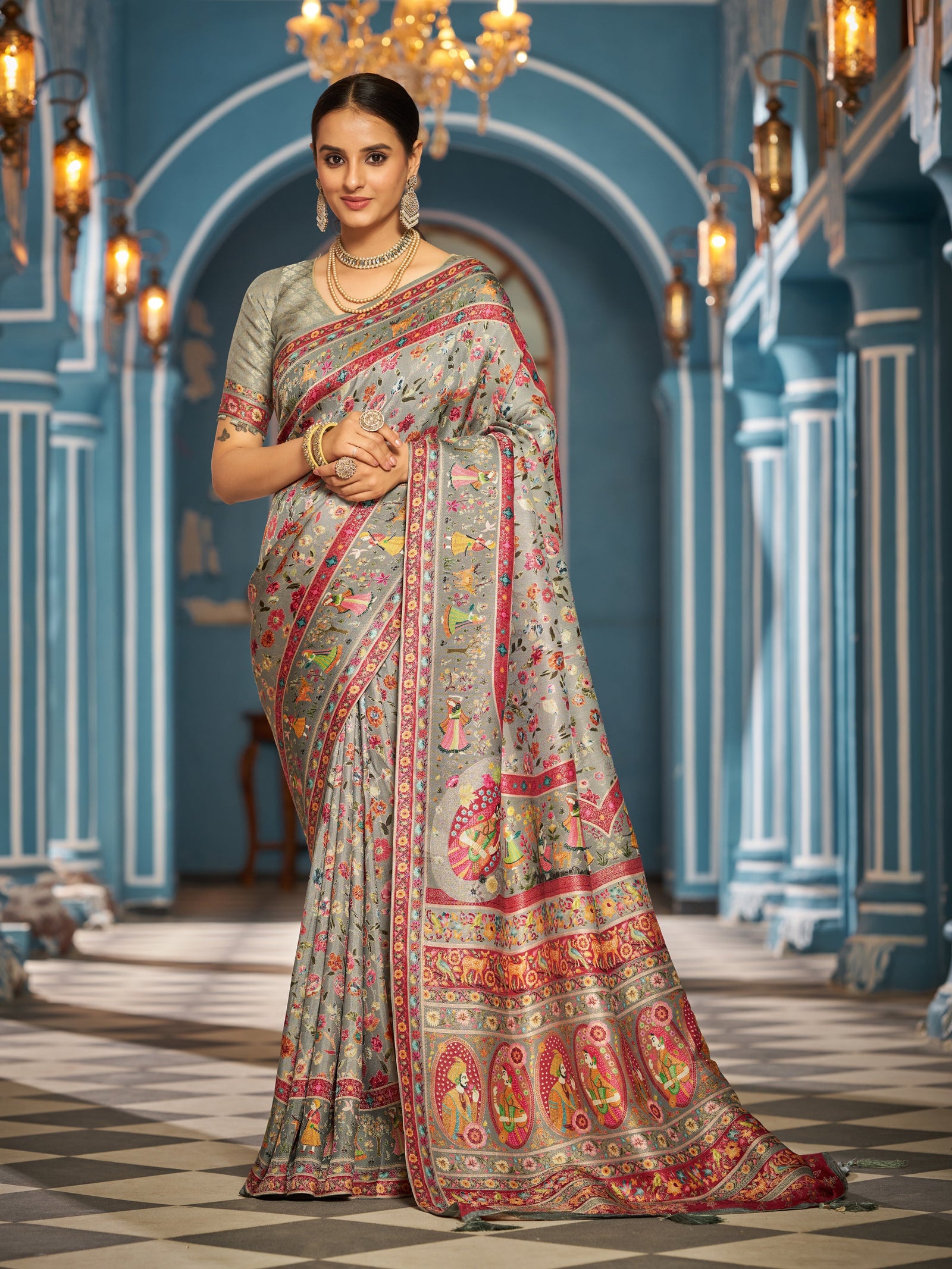 Gray Elegant Pashmina Kashmiri Jacquard Saree with Kalamkari & Meenakari Weaving ClothsVilla