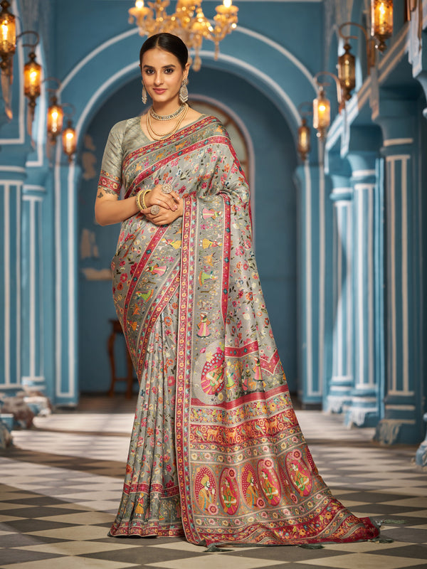 Gray Elegant Pashmina Kashmiri Jacquard Saree with Kalamkari & Meenakari Weaving ClothsVilla