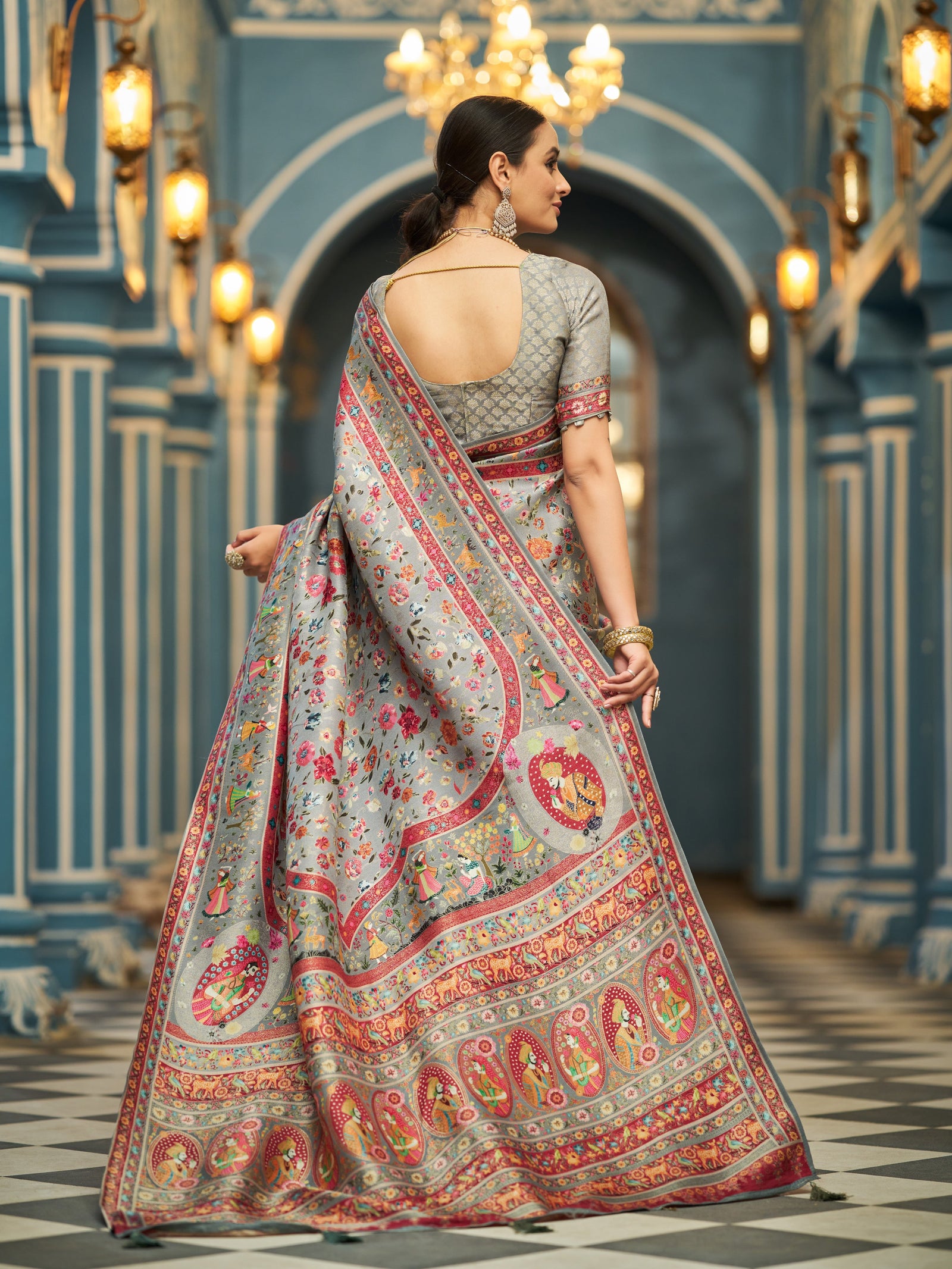 Gray Elegant Pashmina Kashmiri Jacquard Saree with Kalamkari & Meenakari Weaving ClothsVilla