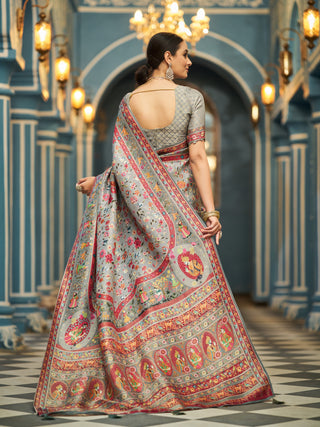 Gray Elegant Pashmina Kashmiri Jacquard Saree with Kalamkari & Meenakari Weaving ClothsVilla