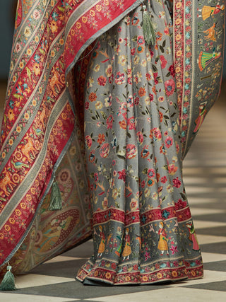 Gray Elegant Pashmina Kashmiri Jacquard Saree with Kalamkari & Meenakari Weaving ClothsVilla