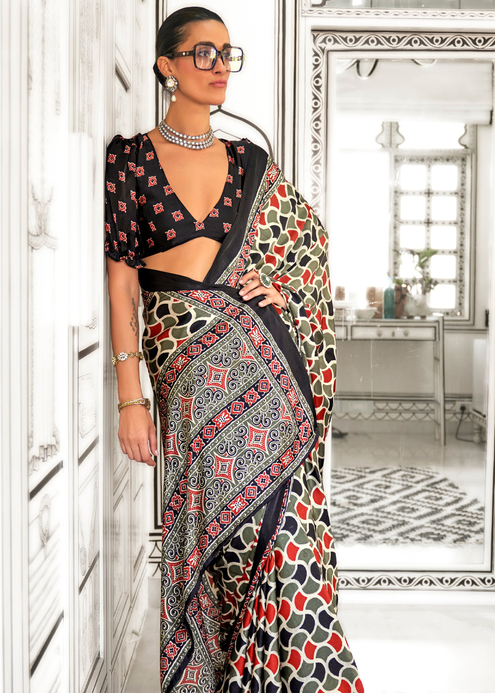 Gray Elegant Satin Crepe Saree – Luxurious & Graceful Drape ClothsVilla Main image