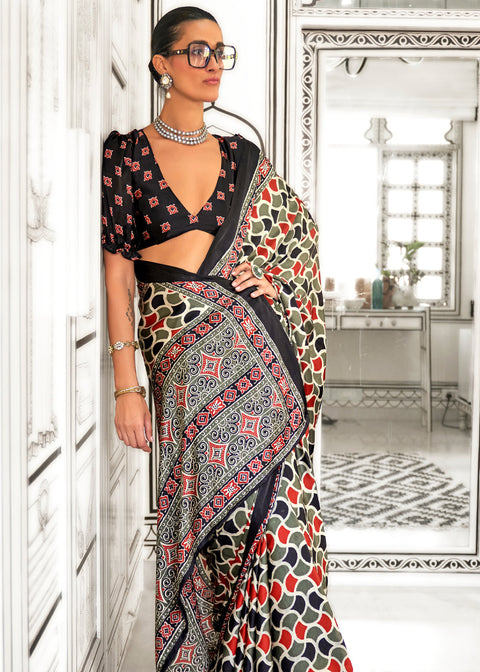 Gray Elegant Satin Crepe Saree – Luxurious & Graceful Drape ClothsVilla Main image