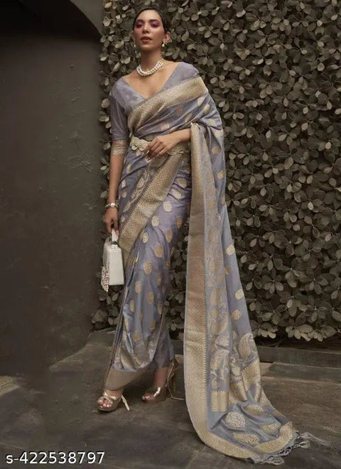 Gray Elegant Silk Blend Banarasi Saree with Unstitched Blouse Piece ClothsVilla Main image