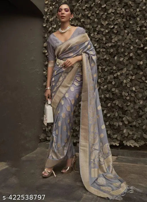 Gray Elegant Silk Blend Banarasi Saree with Unstitched Blouse Piece ClothsVilla