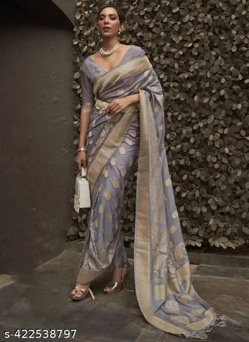 Gray Elegant Silk Blend Banarasi Saree with Unstitched Blouse Piece ClothsVilla