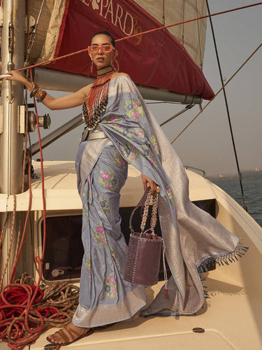 Gray Elegant Silk Blend Mysore Saree with Tassel Detailing ClothsVilla